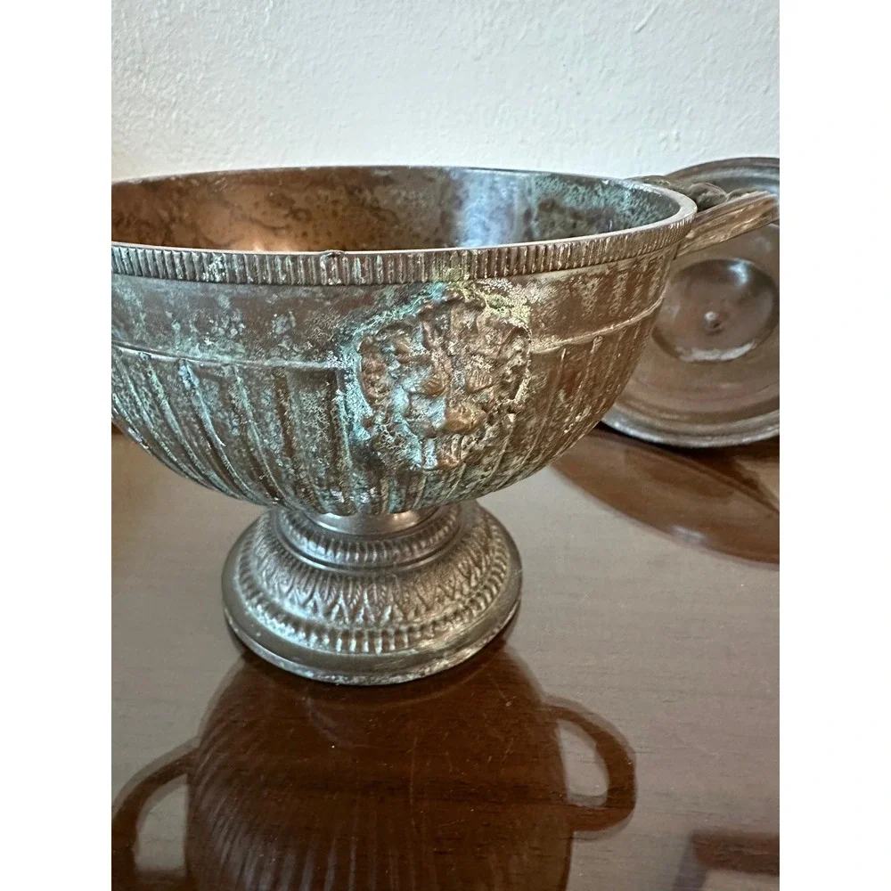 Solid Brass Urn Style Bowl Lid Trinket Pedestal Double Lion Heads‎ Shelf Decor